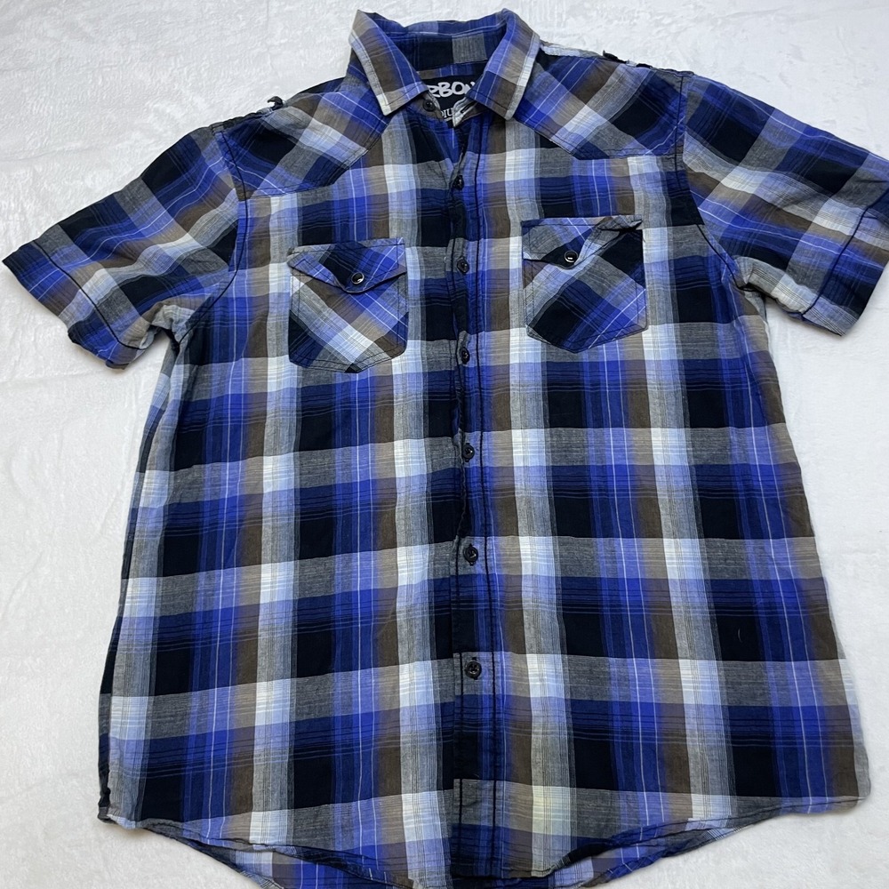 Carbon SS‎ Shirt Boys M Blue Black White Brown Plaid Pattern